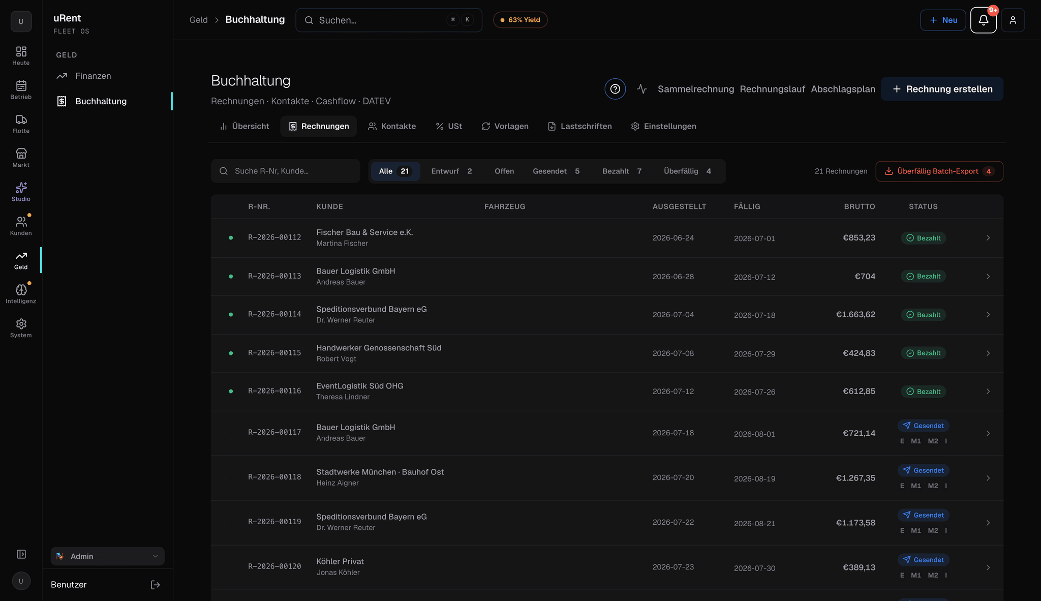 Fleet OS auf dem Desktop: Rechnungsliste mit Status, Fälligkeit und Mahnstufen