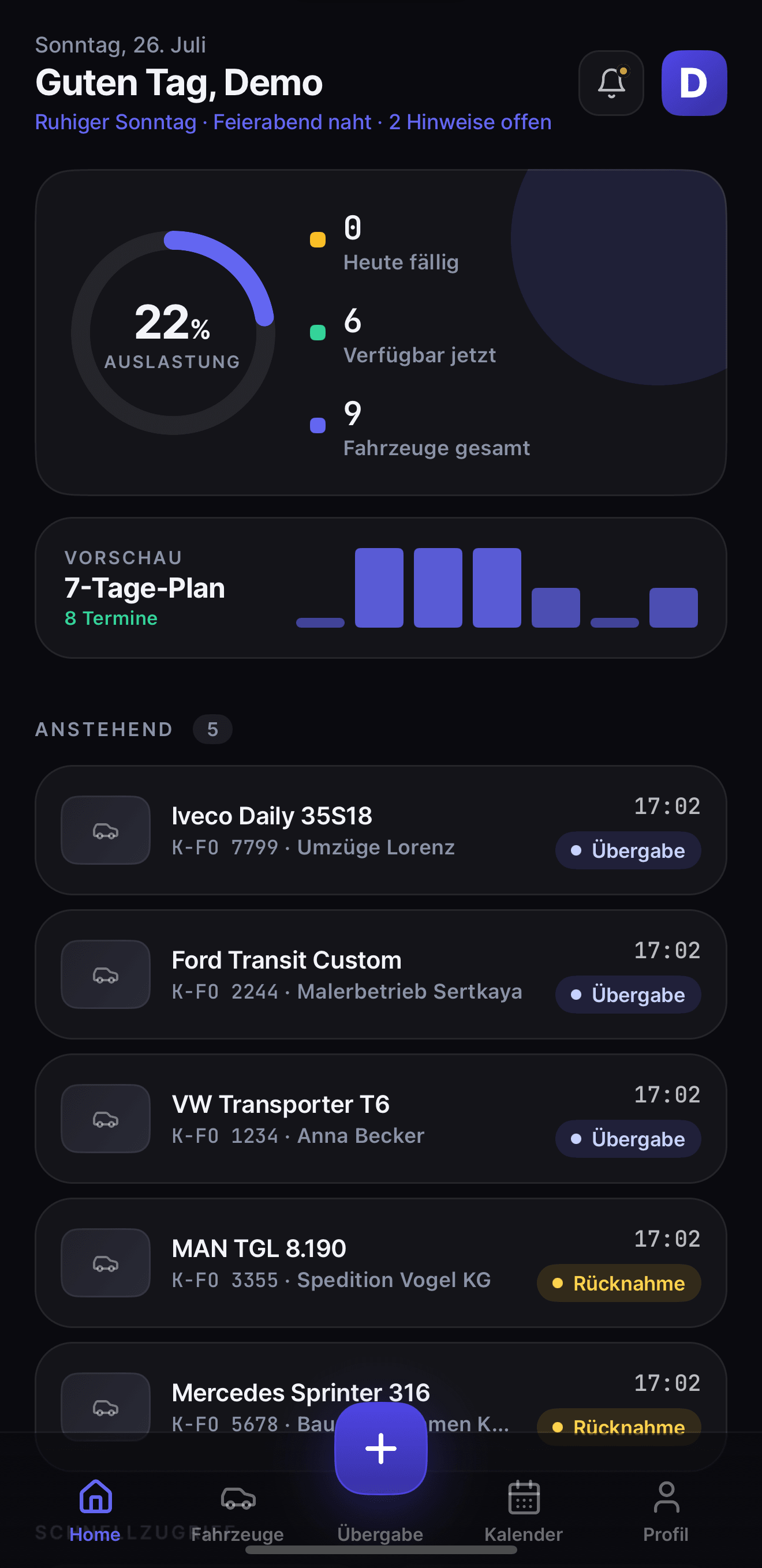 Fleet OS als iOS-App: Tagesüberblick mit Auslastung und den anstehenden Übergaben